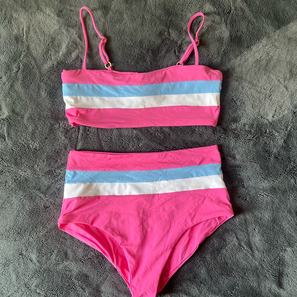 L*Space Pink Blue White striped high waisted bikini M